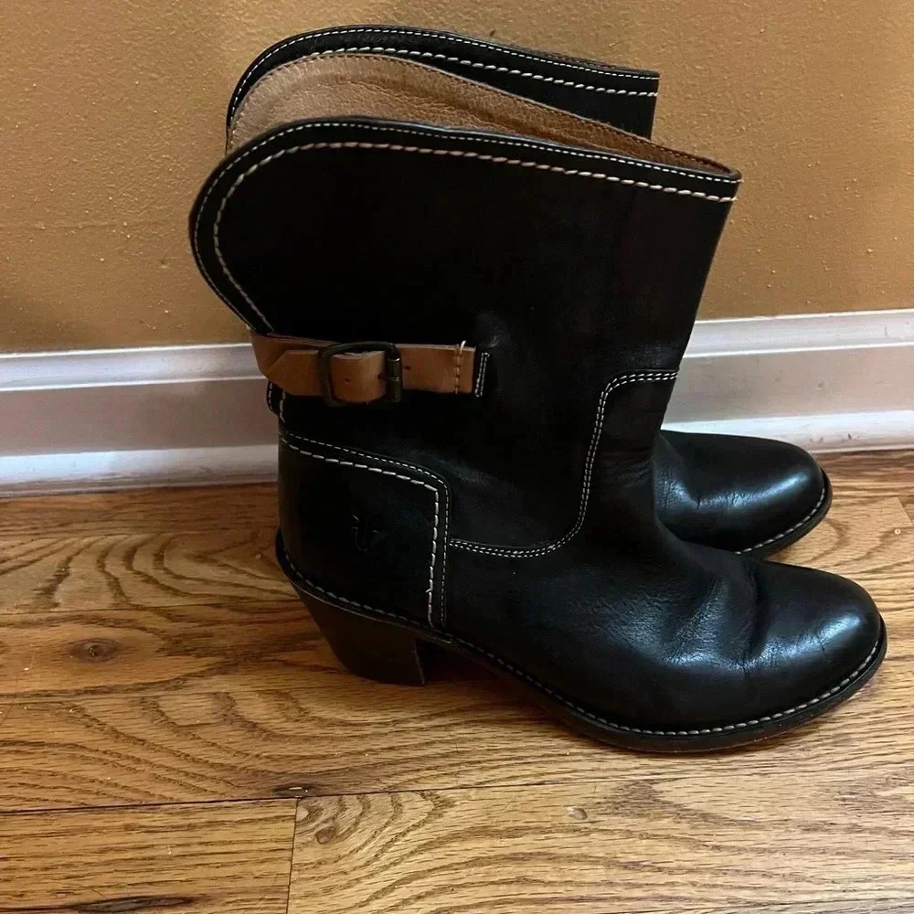 Frye Black Ankle Boots with Tan Accents